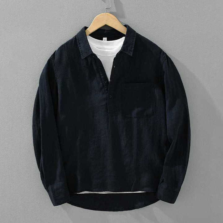 Camisa de lino para hombre, manga larga, suelta, color liso, con medio botón y Buddha Stones - Azul oscuro - US/UK/AU42, EU52 (3XL) - image 8