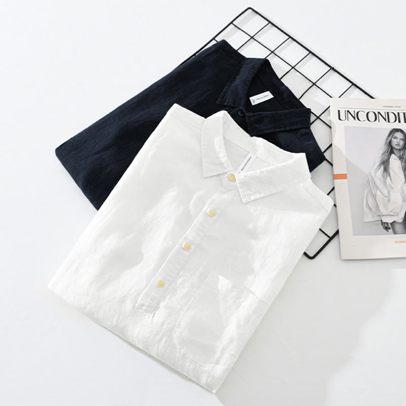 Camisa de lino para hombre, manga larga, suelta, color liso, con medio botón y Buddha Stones - image 16