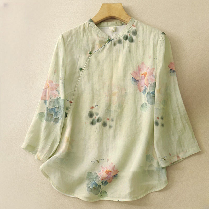 Camisa informal de mujer con estampado de loto y tinta de Buddha Stones, cuello inclinado, botones de rana y manga tres cuartos - Beige - US8-10，UK/AU12-14，EU40-42 (2XL) - image 0