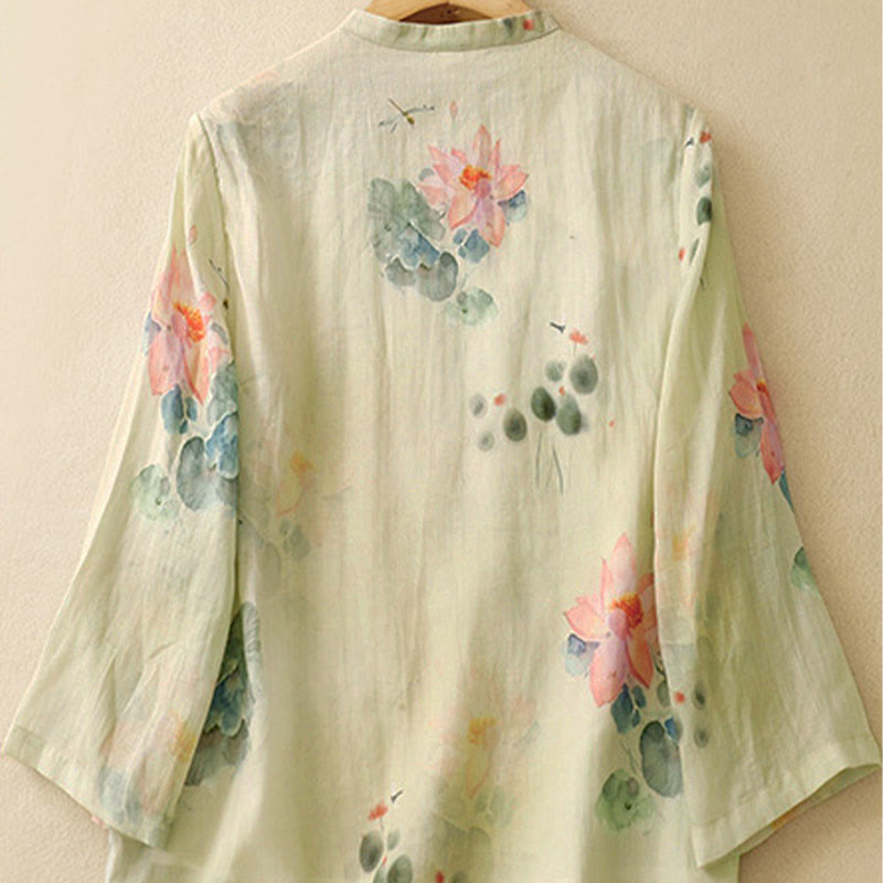 Camisa informal de mujer con estampado de loto y tinta de Buddha Stones, cuello inclinado, botones de rana y manga tres cuartos - image 5