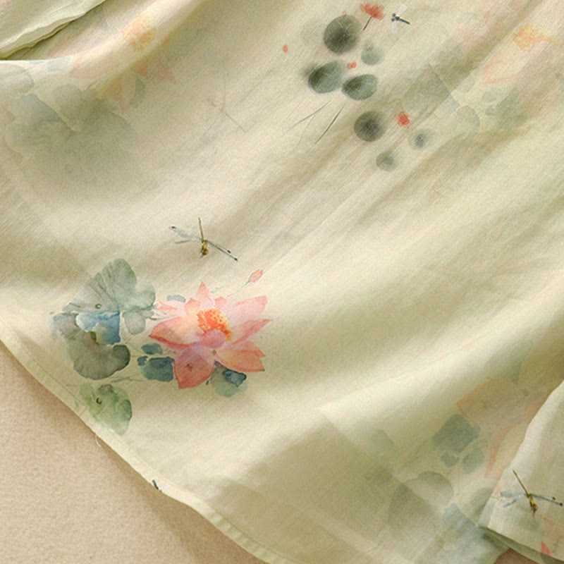 Camisa informal de mujer con estampado de loto y tinta de Buddha Stones, cuello inclinado, botones de rana y manga tres cuartos - image 7