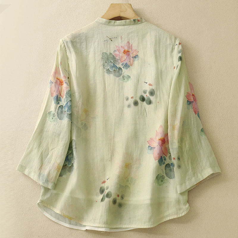 Camisa informal de mujer con estampado de loto y tinta de Buddha Stones, cuello inclinado, botones de rana y manga tres cuartos - image 1