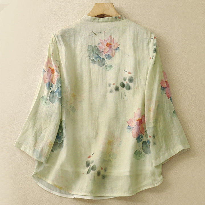 Camisa informal de mujer con estampado de loto y tinta de Buddha Stones, cuello inclinado, botones de rana y manga tres cuartos - image 1