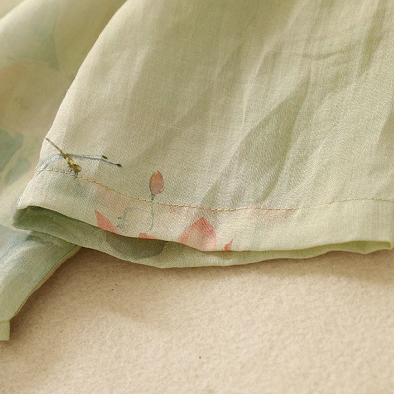 Camisa informal de mujer con estampado de loto y tinta de Buddha Stones, cuello inclinado, botones de rana y manga tres cuartos - image 11