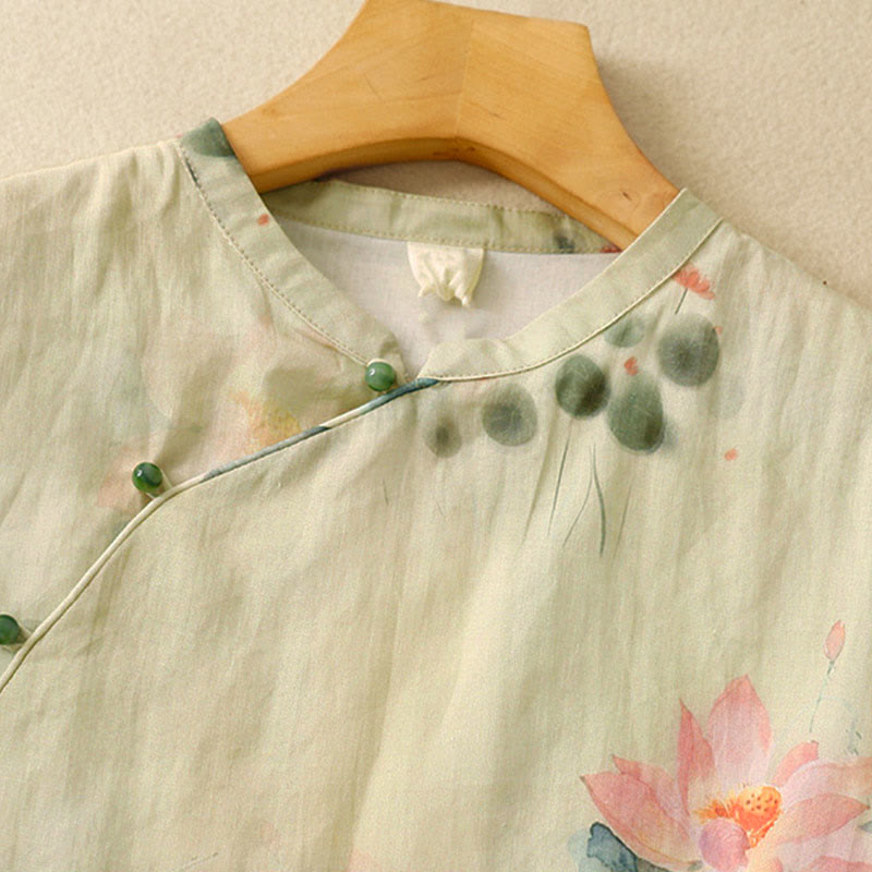 Camisa informal de mujer con estampado de loto y tinta de Buddha Stones, cuello inclinado, botones de rana y manga tres cuartos - image 3