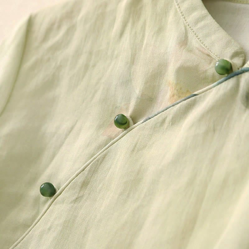 Camisa informal de mujer con estampado de loto y tinta de Buddha Stones, cuello inclinado, botones de rana y manga tres cuartos - image 4