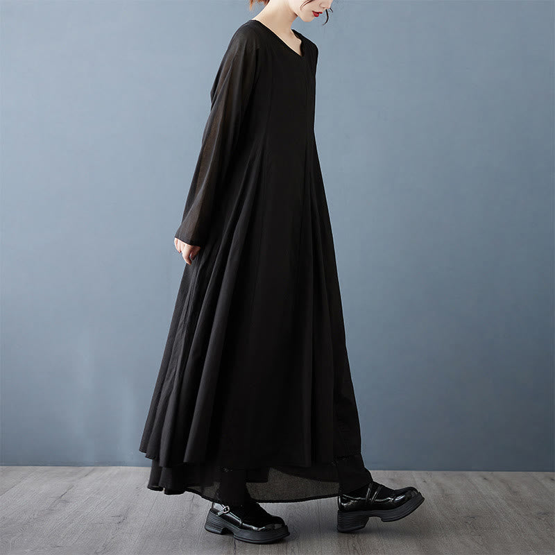 Vestido midi de algodón de manga larga para mujer con diseño de doble capa y Buddha Stones - Negro - US12, UK/AU16, EU44 (2XL) - image 3