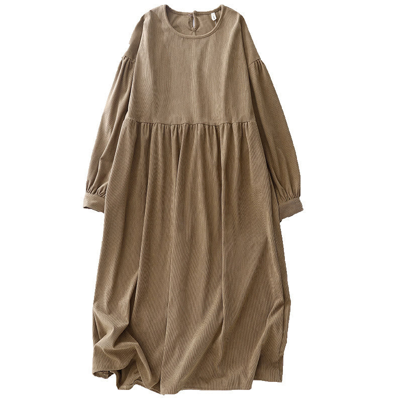 Vestido midi de pana color tostado liso con mangas abullonadas y estampado de Buddha Stones - image 15