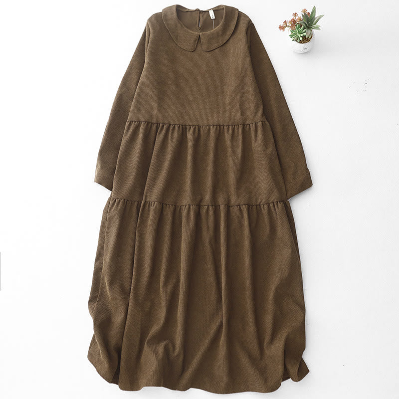 Vestido midi de pana de algodón con cuello Peter Pan, manga larga y bolsillos, con diseño de Buddha Stones - SaddleBrown - US8-10，UK/AU12-14，EU40-42 (2XL) - image 1