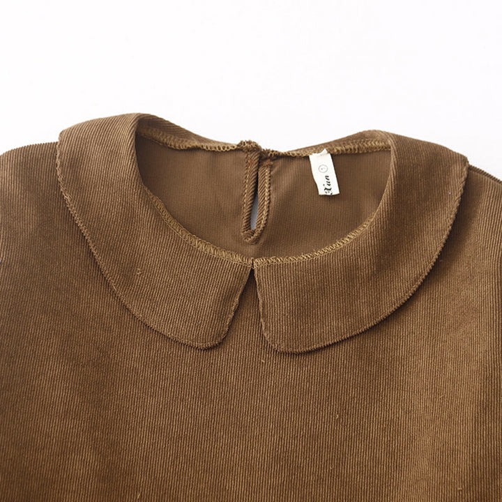 Vestido midi de pana con cuello Peter Pan, manga larga y bolsillos, con diseño de botones y Buddha Stones - image 3