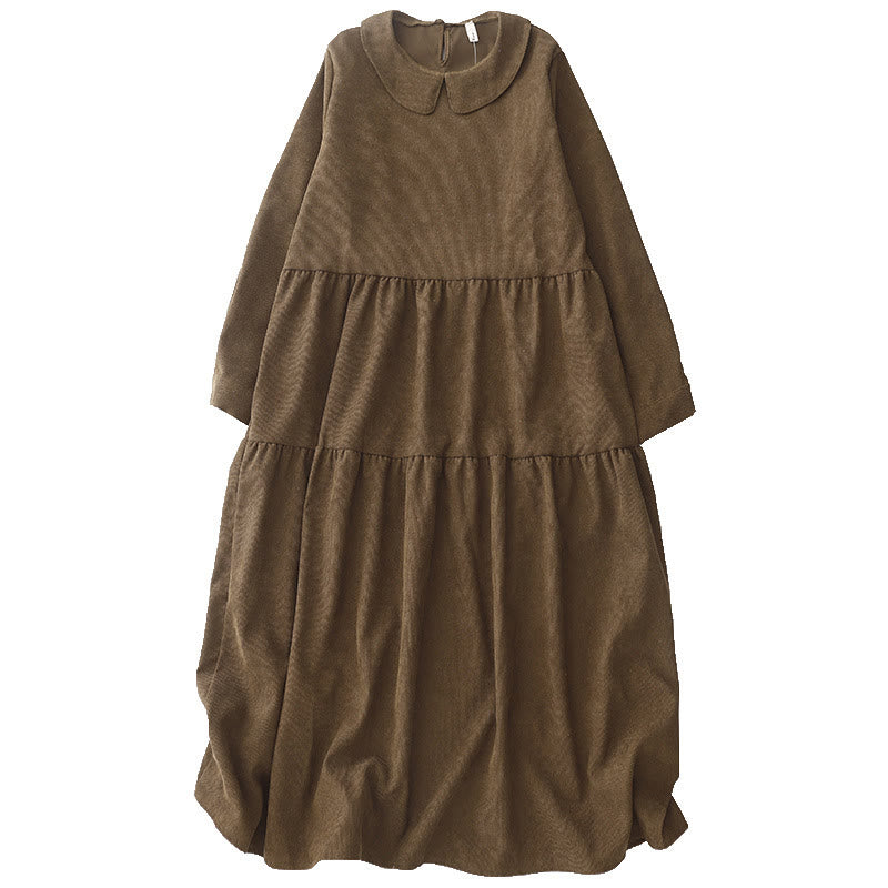Vestido midi de pana de algodón con cuello Peter Pan, manga larga y bolsillos, con diseño de Buddha Stones - image 13