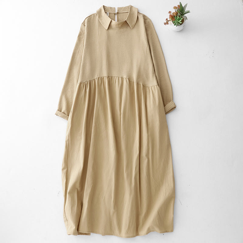 Vestido midi de lino y algodón de manga larga con solapa y bolsillos de Buddha Stones Spring - Vara de oro pálida - US8-10，UK/AU12-14，EU40-42 (2XL) - image 8