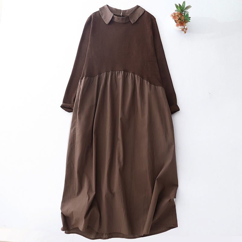 Vestido midi de lino y algodón de manga larga con solapa y bolsillos de Buddha Stones Spring - SaddleBrown - US8-10，UK/AU12-14，EU40-42 (2XL) - image 1