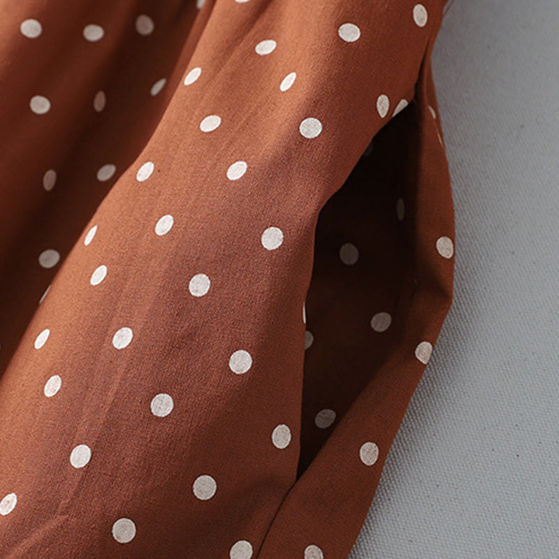 Vestido midi de lino y algodón con cuello redondo, manga larga, estampado de lunares y Buddha Stones, con bolsillos y volantes - image 6