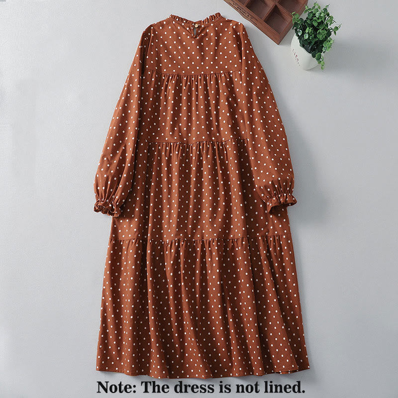 Vestido midi de lino y algodón con cuello redondo, manga larga, estampado de lunares y Buddha Stones, con bolsillos y volantes - image 2