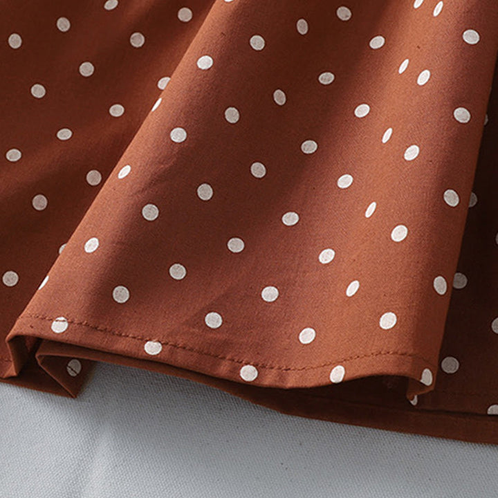 Vestido midi de lino y algodón con cuello redondo, manga larga, estampado de lunares y Buddha Stones, con bolsillos y volantes - image 8