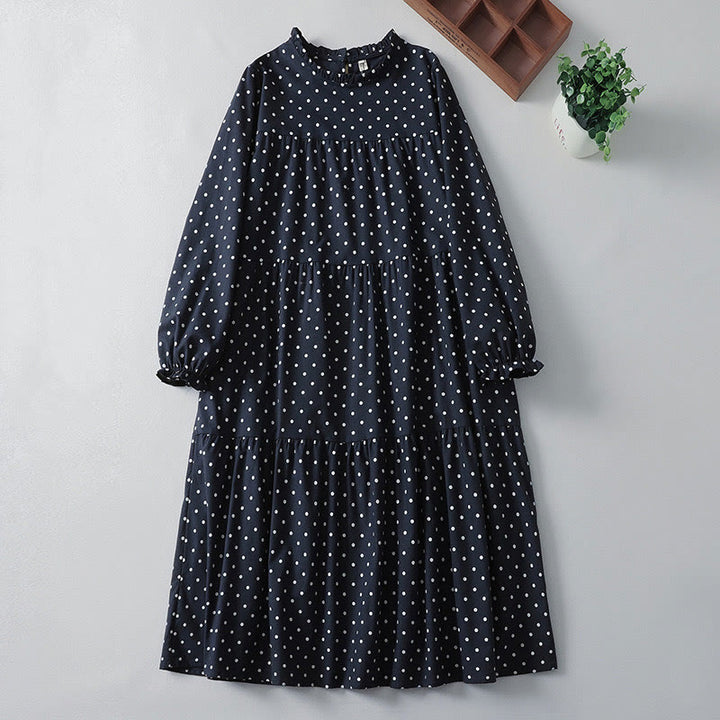 Vestido midi de lino y algodón con cuello redondo, manga larga, estampado de lunares y Buddha Stones, con bolsillos y volantes - Azul medianoche - US12, UK/AU16, EU44 (2XL) - image 11