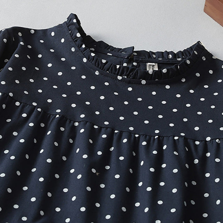 Vestido midi de lino y algodón con cuello redondo, manga larga, estampado de lunares y Buddha Stones, con bolsillos y volantes - image 12