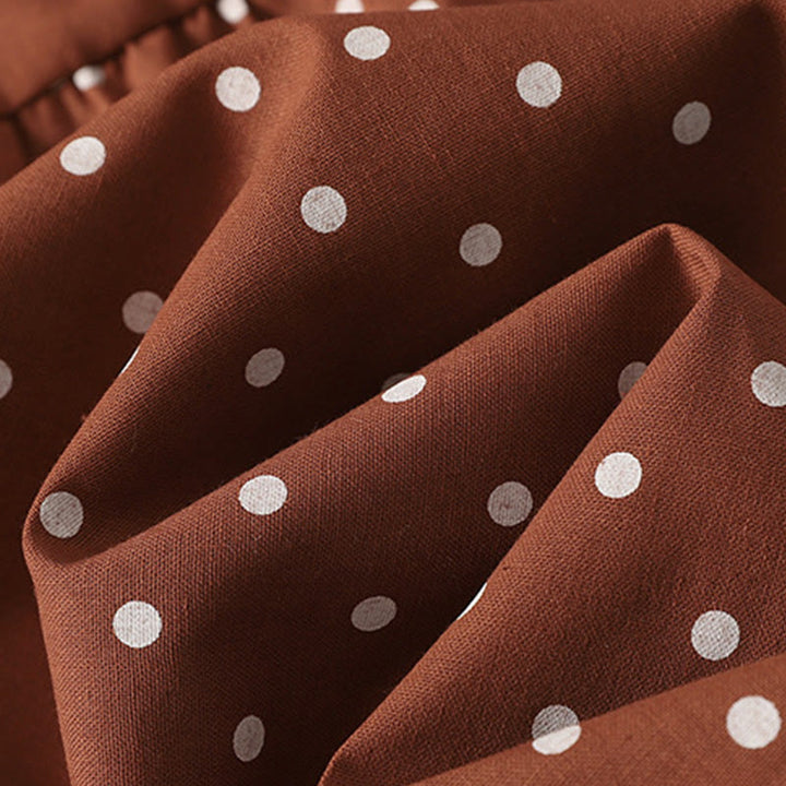 Vestido midi de lino y algodón con cuello redondo, manga larga, estampado de lunares y Buddha Stones, con bolsillos y volantes - image 7