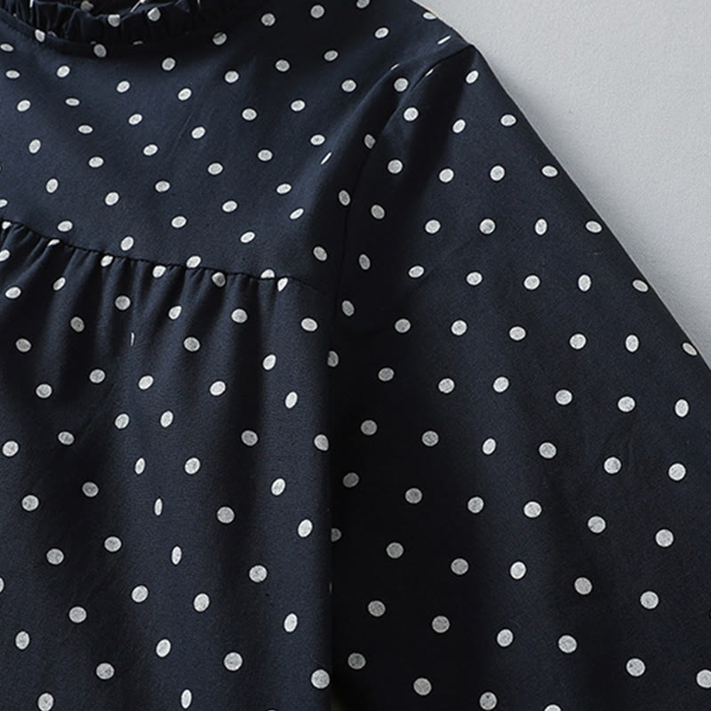 Vestido midi de lino y algodón con cuello redondo, manga larga, estampado de lunares y Buddha Stones, con bolsillos y volantes - image 13