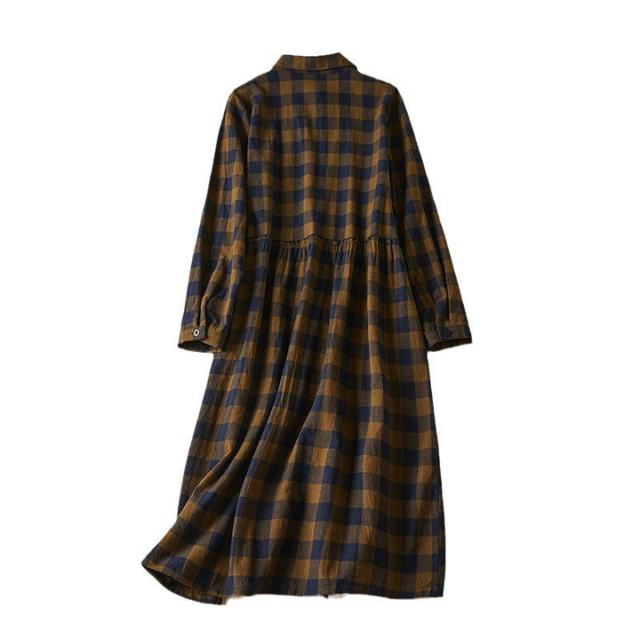Vestido midi de lino y algodón con bolsillos, manga larga y diseño de botones a cuadros en contraste de Buddha Stones - image 11