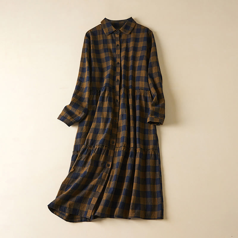 Vestido midi de manga larga con bolsillos, diseño de cuadros con botones en colores contrastantes y estampado de Buddha Stones. - Vara de oro oscura - US8-10，UK/AU12-14，EU40-42 (2XL) - image 0