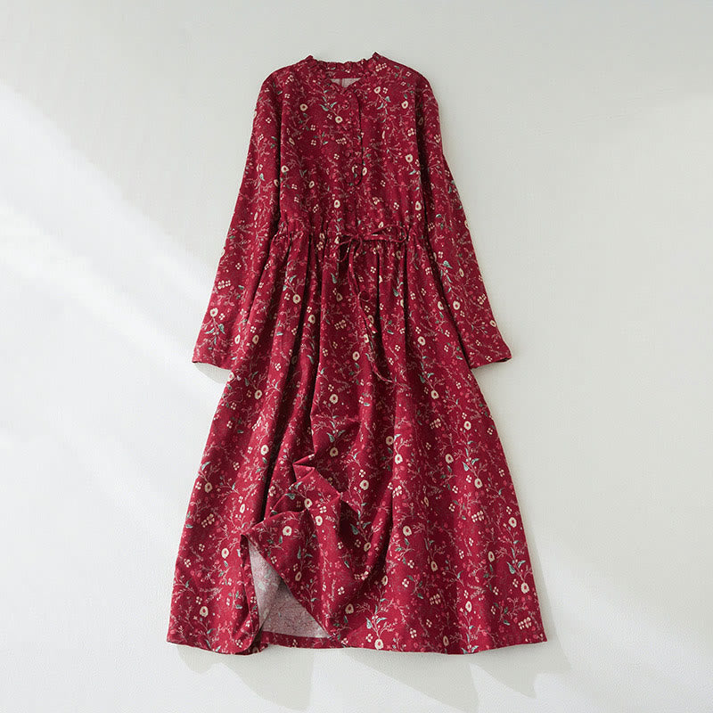 Vestido midi de lino y algodón con manga larga, estampado étnico, floral y con cordones, con Buddha Stones - Carmesí - US8-10，UK/AU12-14，EU40-42 (2XL) - image 9