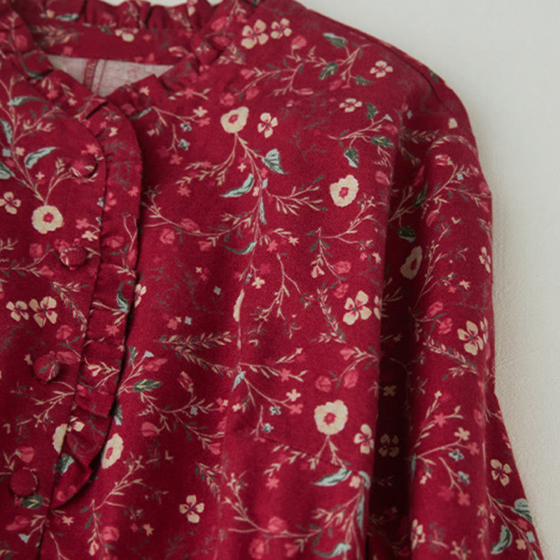 Vestido midi de lino y algodón con manga larga, estampado étnico, floral y con cordones, con Buddha Stones - image 11