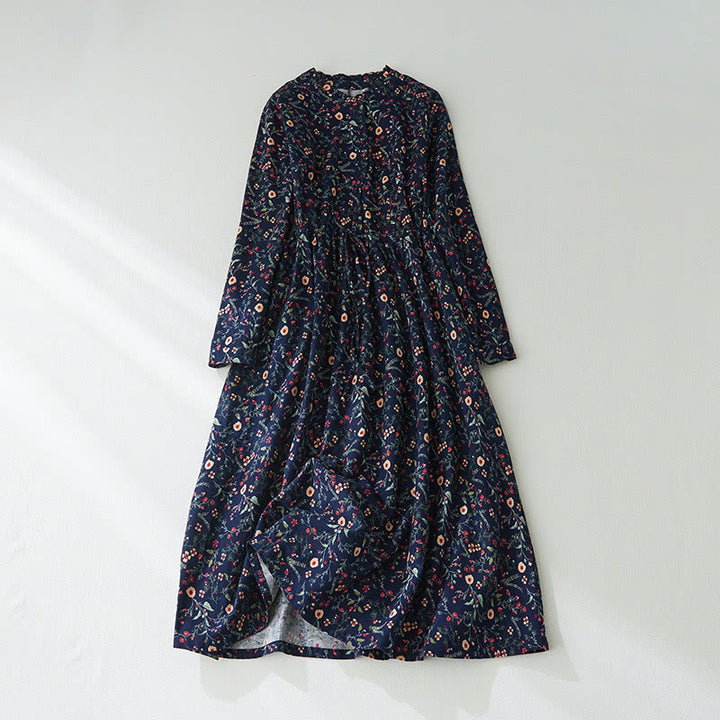 Vestido midi de lino y algodón con manga larga, estampado étnico, floral y con cordones, con Buddha Stones - Azul medianoche - US8-10，UK/AU12-14，EU40-42 (2XL) - image 0