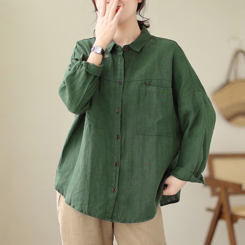 Camisa informal de lino y algodón de manga larga para mujer con estampado de Buddha Stones - Verdemar - US14，UK/AU18，EU46 (2XL) - image 1