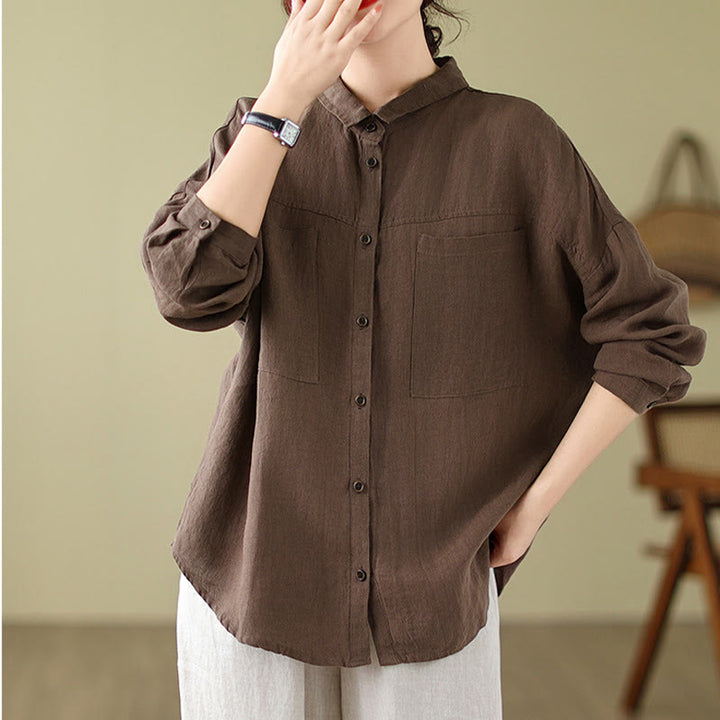 Camisa informal de lino y algodón de manga larga para mujer con estampado de Buddha Stones - Tierra de siena - US14，UK/AU18，EU46 (2XL) - image 8