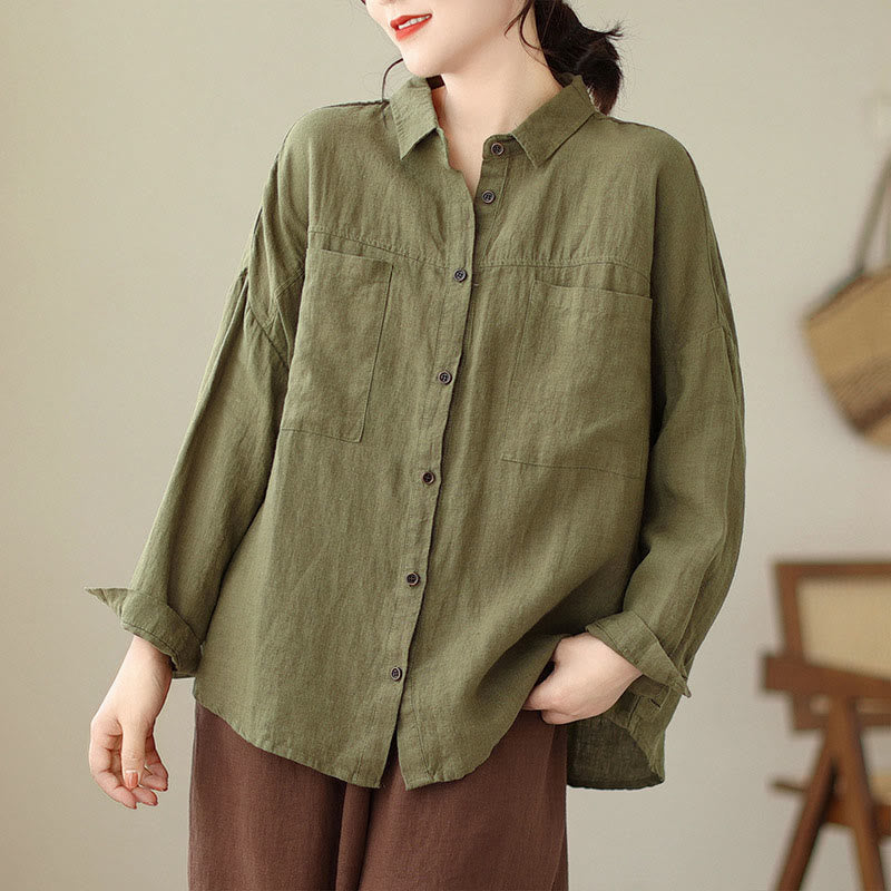 Camisa informal de lino y algodón de manga larga para mujer con estampado de Buddha Stones - Caqui oscuro - US14，UK/AU18，EU46 (2XL) - image 17