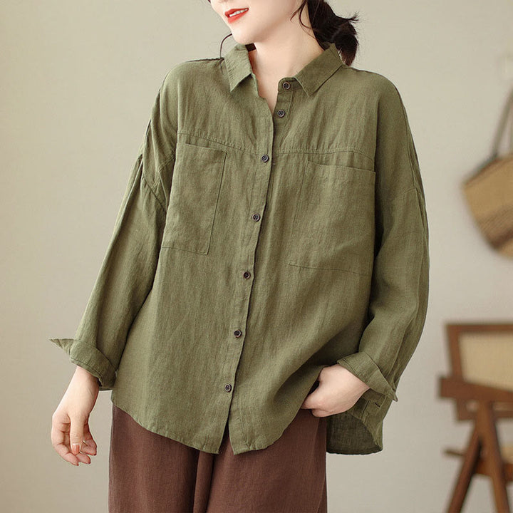 Camisa informal de lino y algodón de manga larga para mujer con estampado de Buddha Stones - Caqui oscuro - US14，UK/AU18，EU46 (2XL) - image 17