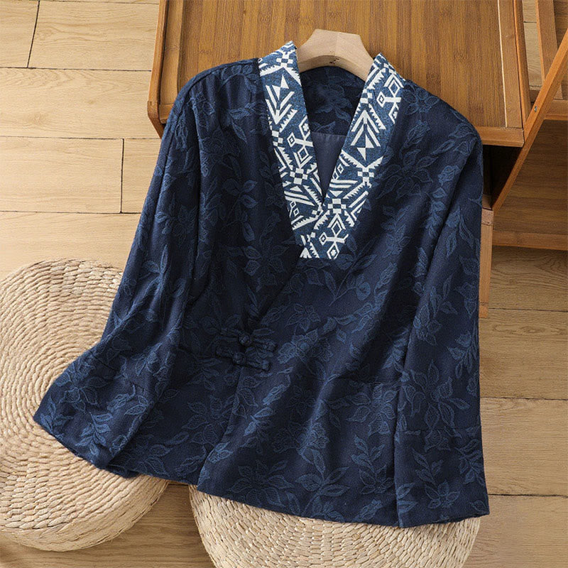 Camisa informal de manga larga de algodón y lino para mujer con botones de rana y jacquard Buddha Stones - Azul medianoche - US12, UK/AU16, EU44 (2XL) - image 1