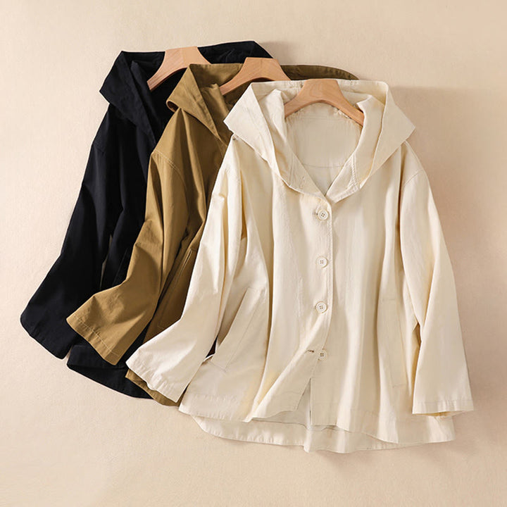 Chaqueta de algodón de manga larga con capucha y bolsillos para mujer, de color puro, con Buddha Stones - image 1