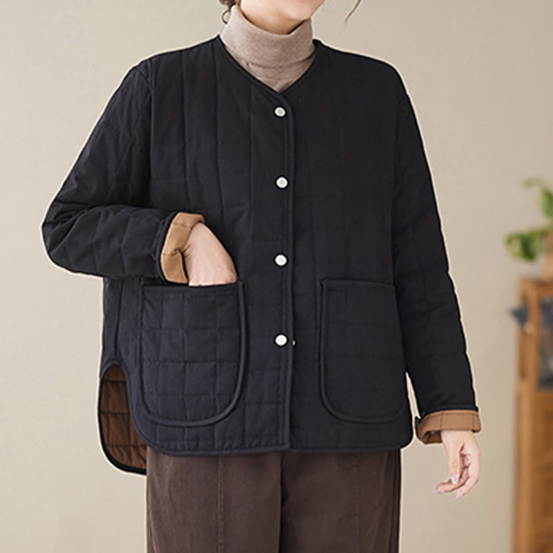 Chaqueta de algodón grueso de manga larga con bolsillos para mujer, estilo retro, con Buddha Stones - Negro - US14，UK/AU18，EU46 (2XL) - image 0