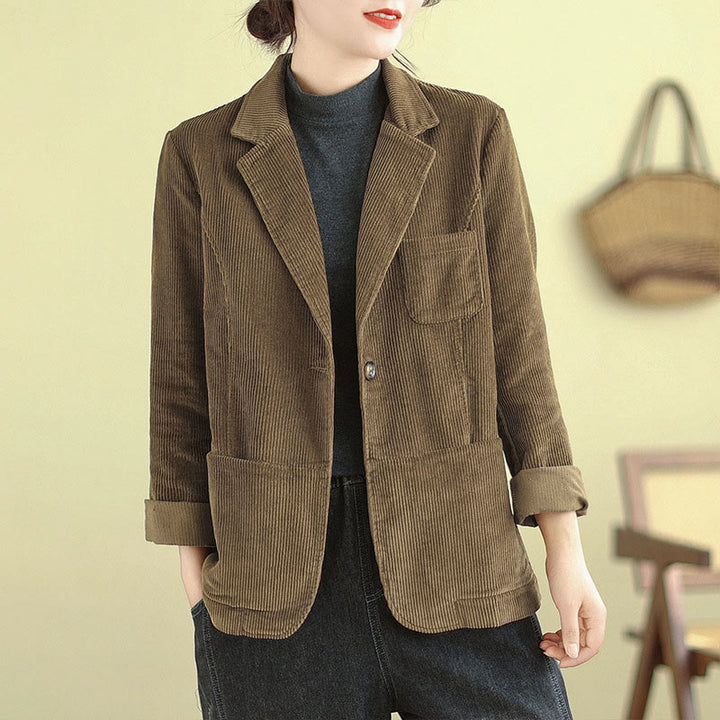 Chaqueta de pana de algodón de manga larga para mujer, estilo retro, con bolsillos y Buddha Stones - Vara de oro oscura - US12, UK/AU16, EU44 (2XL) - image 1