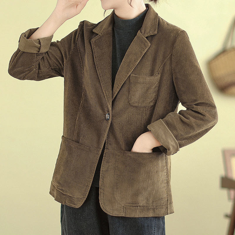 Chaqueta de pana retro de manga larga con bolsillos para mujer de Buddha Stones - image 1