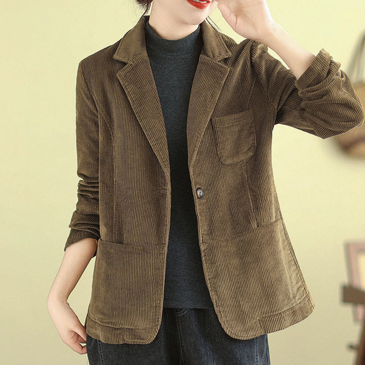 Chaqueta de pana de algodón de manga larga para mujer, estilo retro, con bolsillos y Buddha Stones - image 3