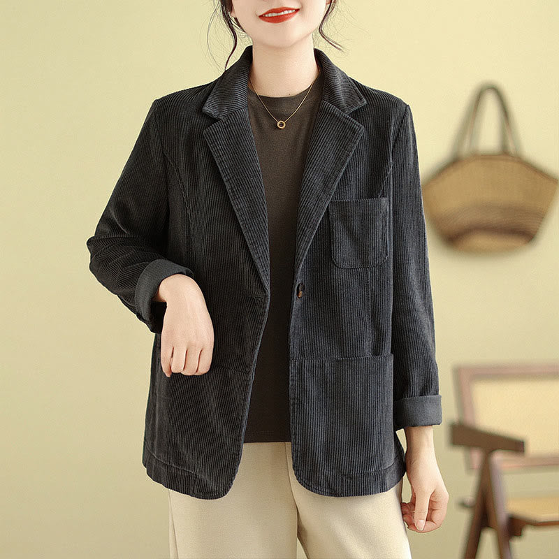 Chaqueta de pana de algodón de manga larga para mujer, estilo retro, con bolsillos y Buddha Stones - Gris oscuro - US12, UK/AU16, EU44 (2XL) - image 12