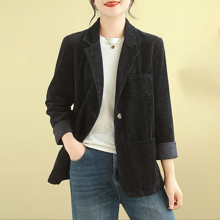 Chaqueta de pana de algodón de manga larga para mujer, estilo retro, con bolsillos y Buddha Stones - Negro - US12, UK/AU16, EU44 (2XL) - image 23