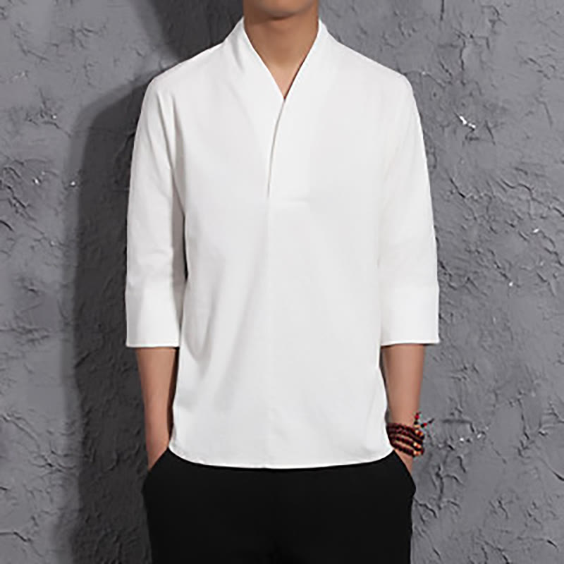 Camisa casual de algodón con cuello en V y manga tres cuartos para hombre de Buddha Stones - Blanco - US/UK/AU46, EU56 (5XL) - image 2