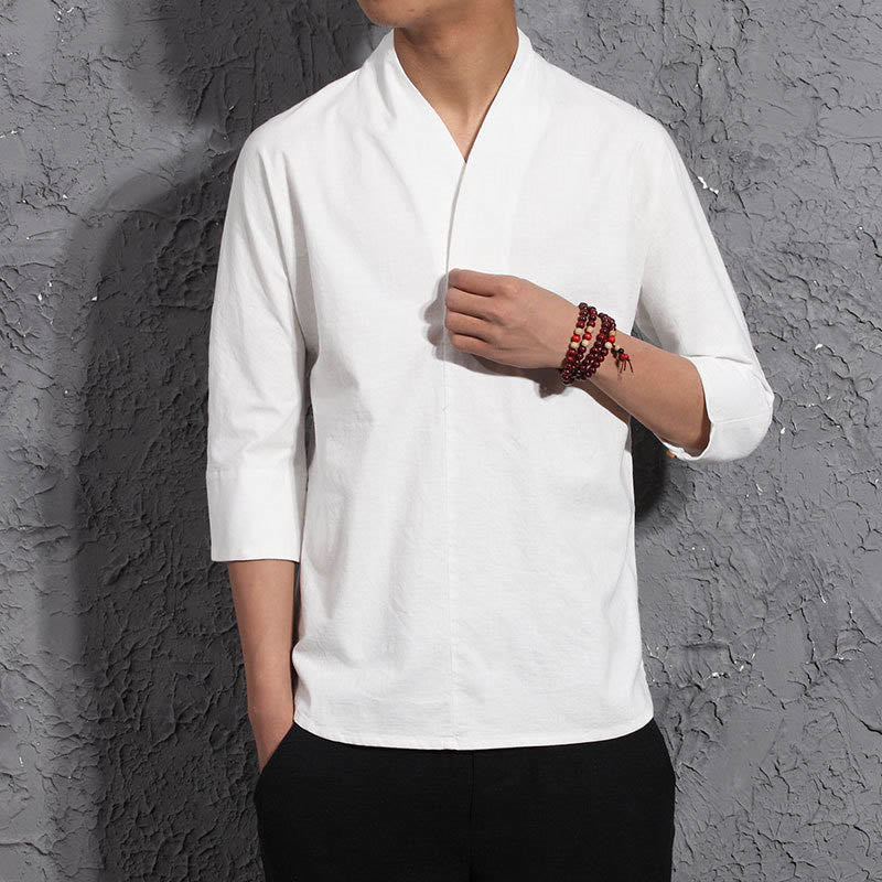 Camisa casual de algodón con cuello en V y manga tres cuartos para hombre de Buddha Stones - image 4