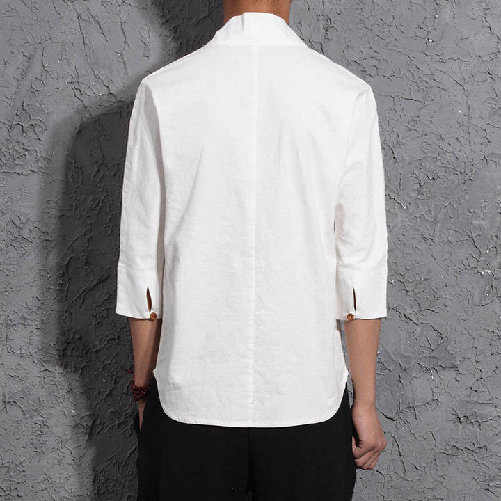 Camisa casual de algodón con cuello en V y manga tres cuartos para hombre de Buddha Stones - image 3