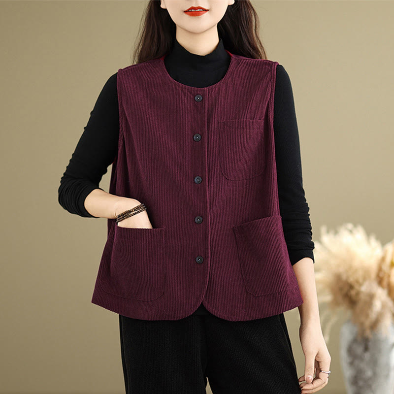 Chaleco de algodón sin mangas para mujer con botones de pana y bolsillos de Buddha Stones - IndianRed - US8-10，UK/AU12-14，EU40-42 (2XL) - image 19