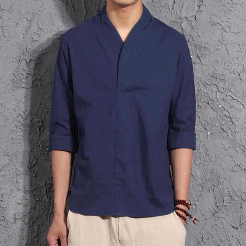 Camisa casual de algodón con cuello en V y manga tres cuartos para hombre de Buddha Stones - Azul acero - US/UK/AU44, UE54 (5XL) - image 8