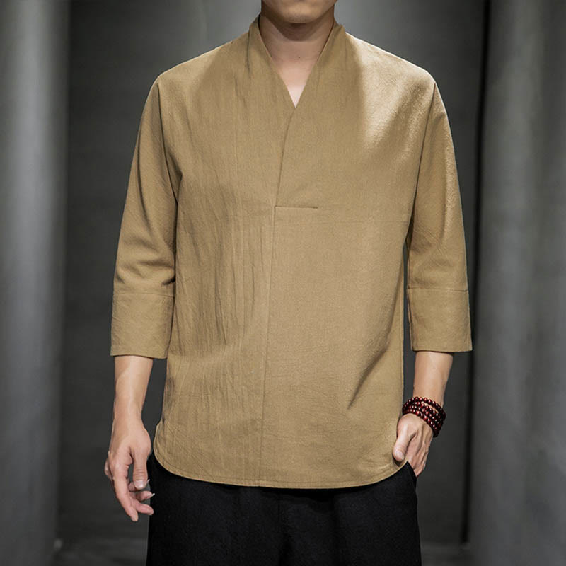 Camisa casual de algodón con cuello en V y manga tres cuartos para hombre de Buddha Stones - BurlyWood - US/UK/AU46, EU56 (5XL) - image 1