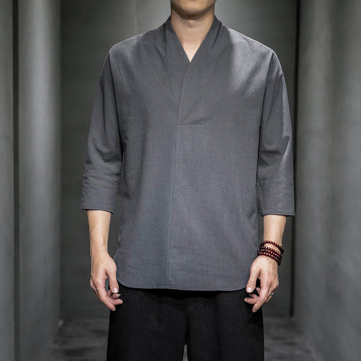 Camisa casual de algodón con cuello en V y manga tres cuartos para hombre de Buddha Stones - Gris - US/UK/AU44, UE54 (5XL) - image 5