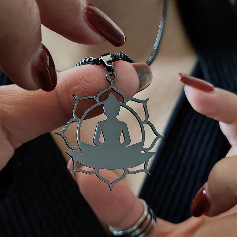 Collar con colgante de acero inoxidable con diseño de Buda sentado y loto vintage con Buddha Stones. - image 13