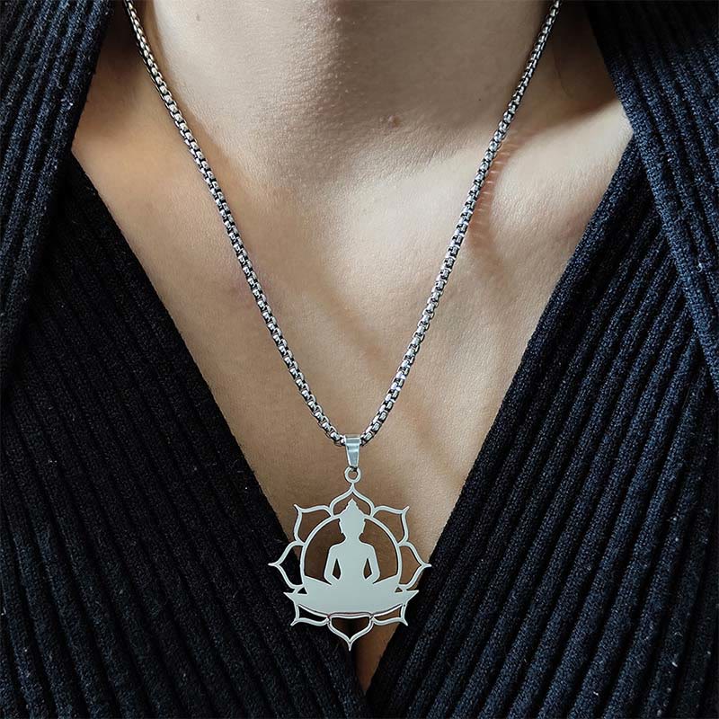 Collar con colgante de acero inoxidable con diseño de Buda sentado y loto vintage con Buddha Stones. - image 9